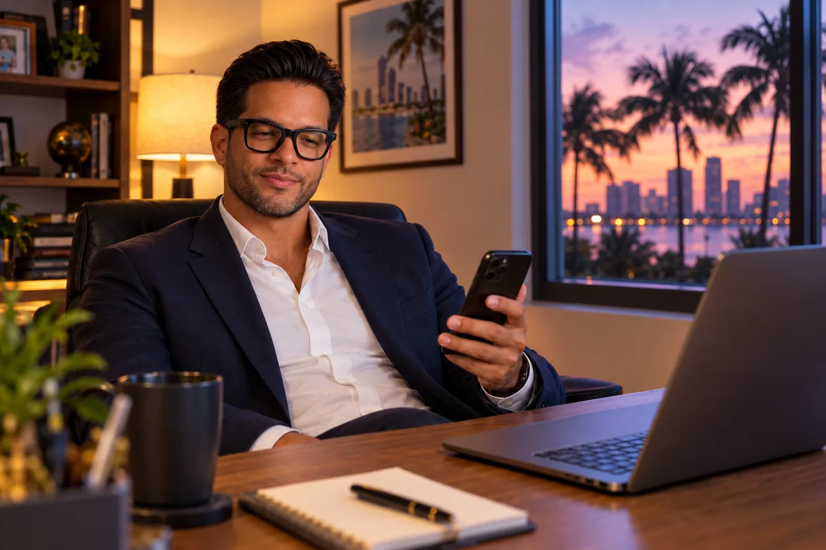Yasmany, the agent who built MedaBooking.ai, smiling at a text on his phone in his Miami home office at dusk