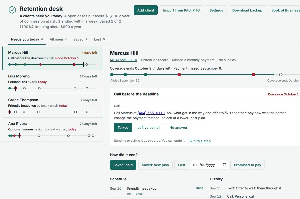 Retention desk screen: clients with a missed payment, days left before coverage ends, the next step with a call script, and buttons to log the outcome